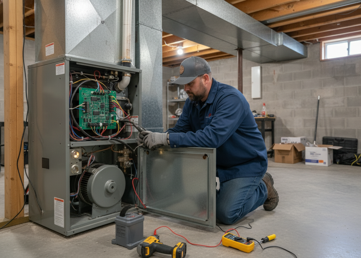 An Automated Tech Solutions technician doing a furnace installation in OKC