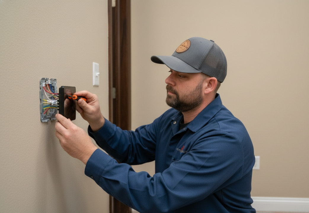 A tech from Automated Tech Solutions doing a thermostat installation in OKC